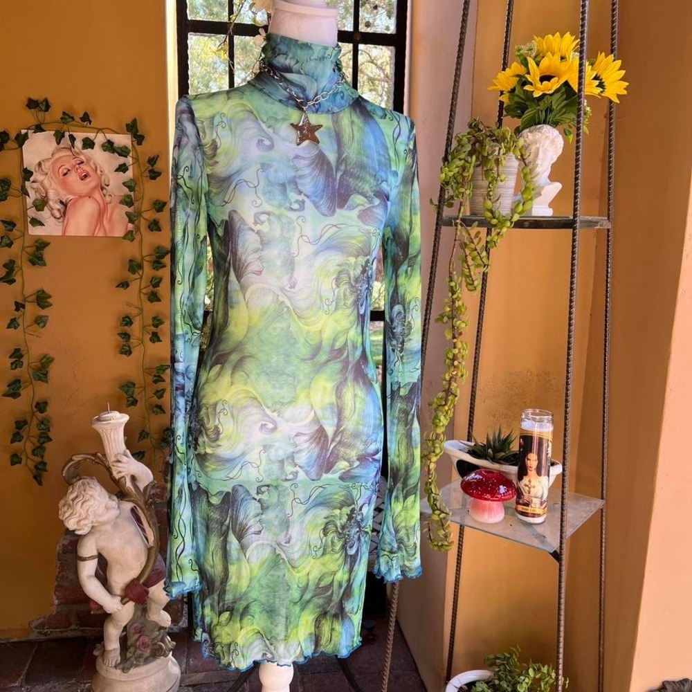mesh marble print dress psychedelic green and blue